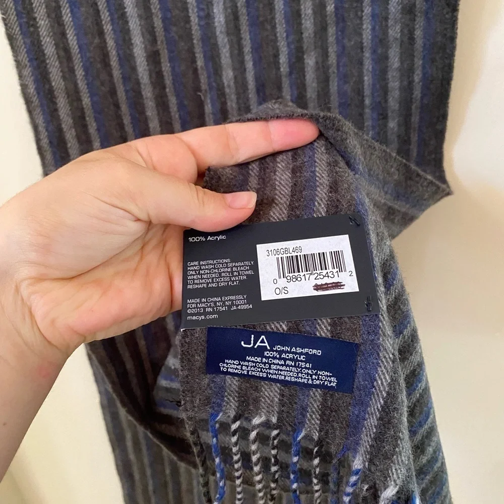 John Ashford Striped Grey Blue Acrylic Fringe Scarf One Size OS